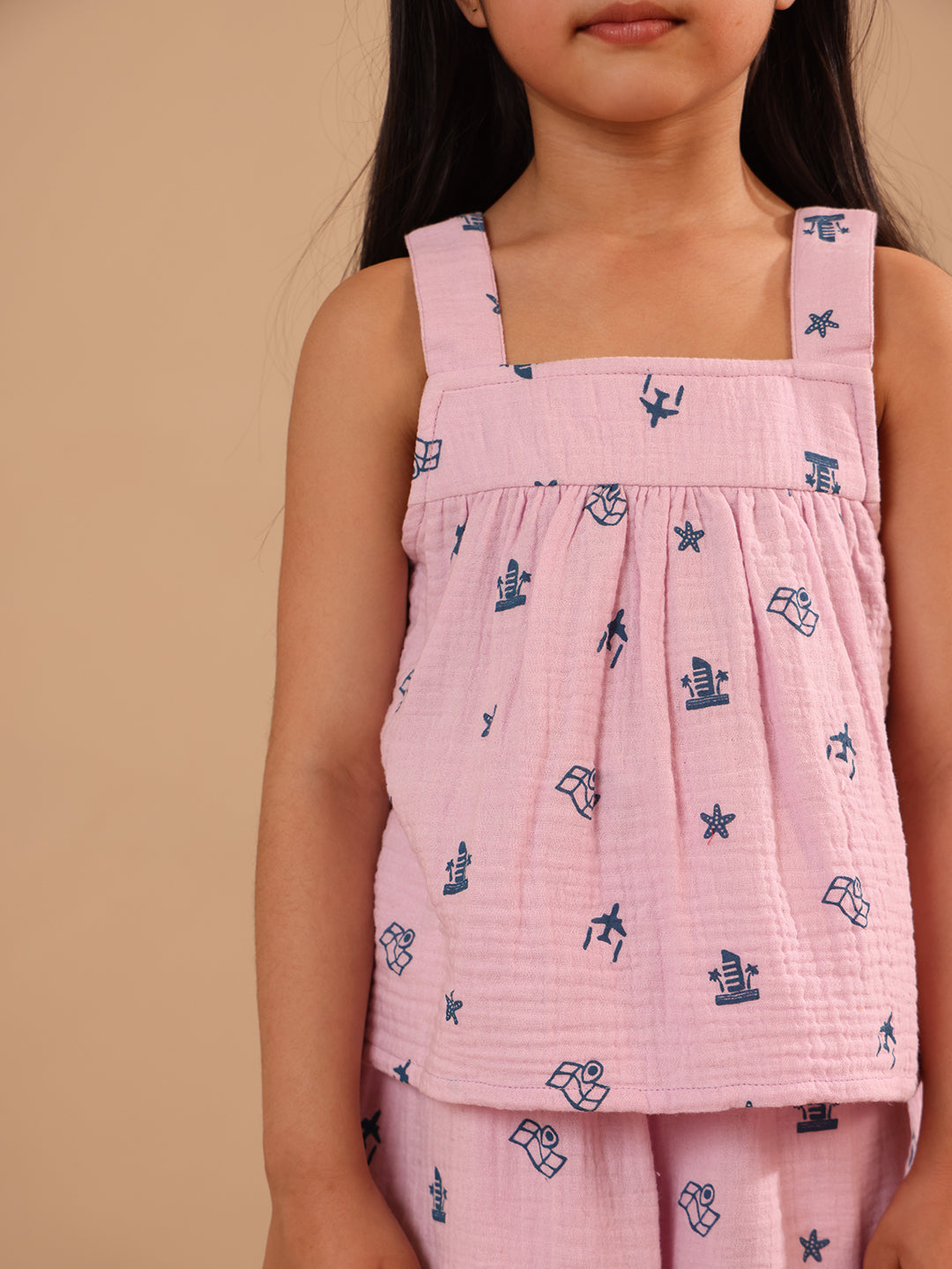 Spunkies Girls Pink Geometric Print Square Neck Sleeveless Top and Trousers Set