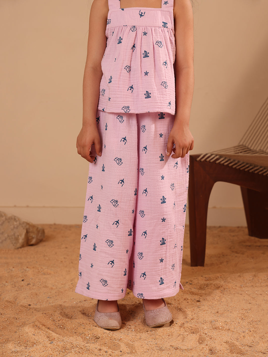 Spunkies Girls Pink Geometric Print Square Neck Sleeveless Top and Trousers Set