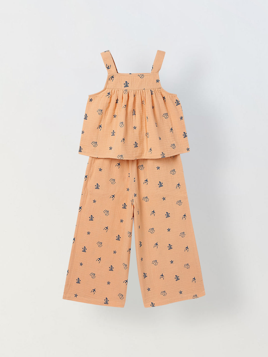 Spunkies Girls Peach Geometric Print Square Neck Sleeveless Top and Trousers Set