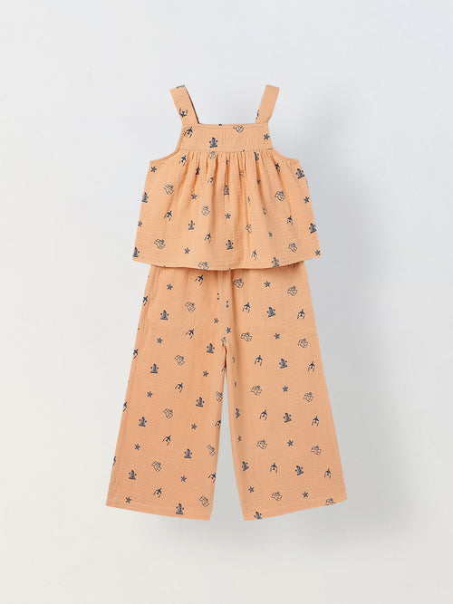 Spunkies Girls Peach Geometric Print Square Neck Sleeveless Top and Trousers Set