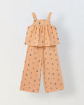 Spunkies Girls Peach Geometric Print Square Neck Sleeveless Top and Trousers Set