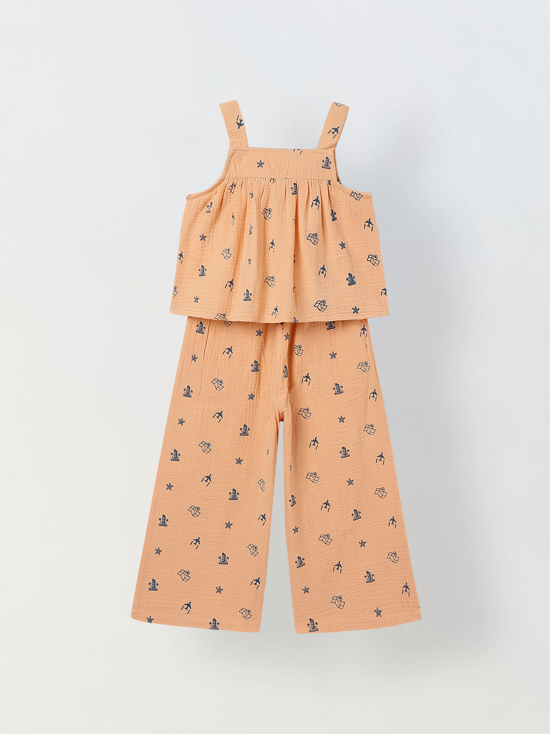 Spunkies Girls Peach Geometric Print Square Neck Sleeveless Top and Trousers Set