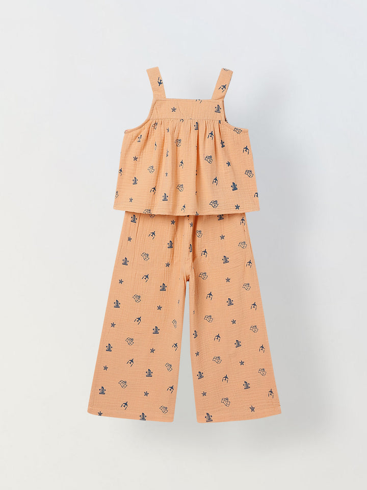 Spunkies Girls Peach Geometric Print Square Neck Sleeveless Top and Trousers Set