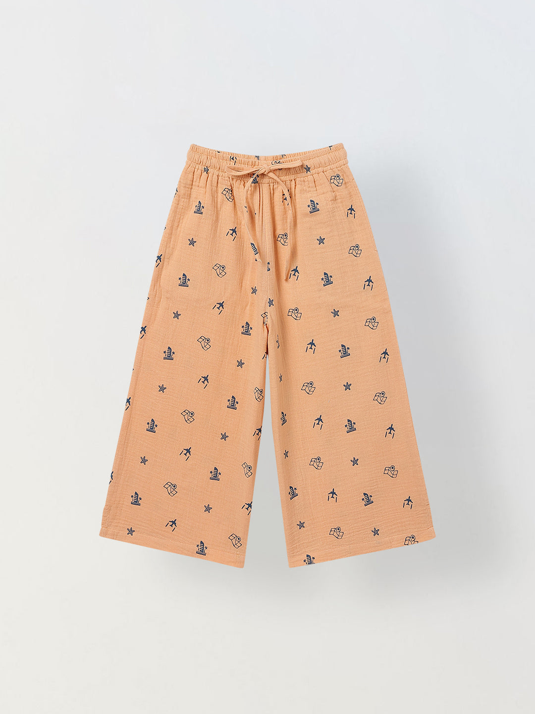 Spunkies Girls Peach Geometric Print Square Neck Sleeveless Top and Trousers Set