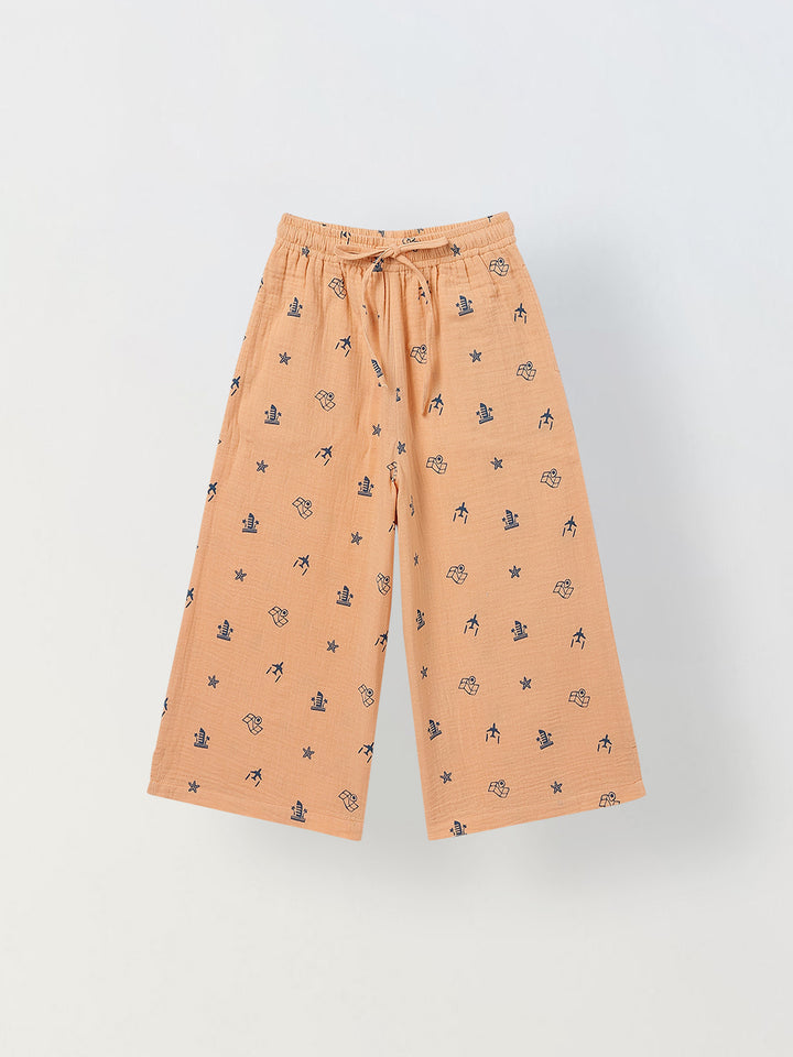 Spunkies Girls Peach Geometric Print Square Neck Sleeveless Top and Trousers Set