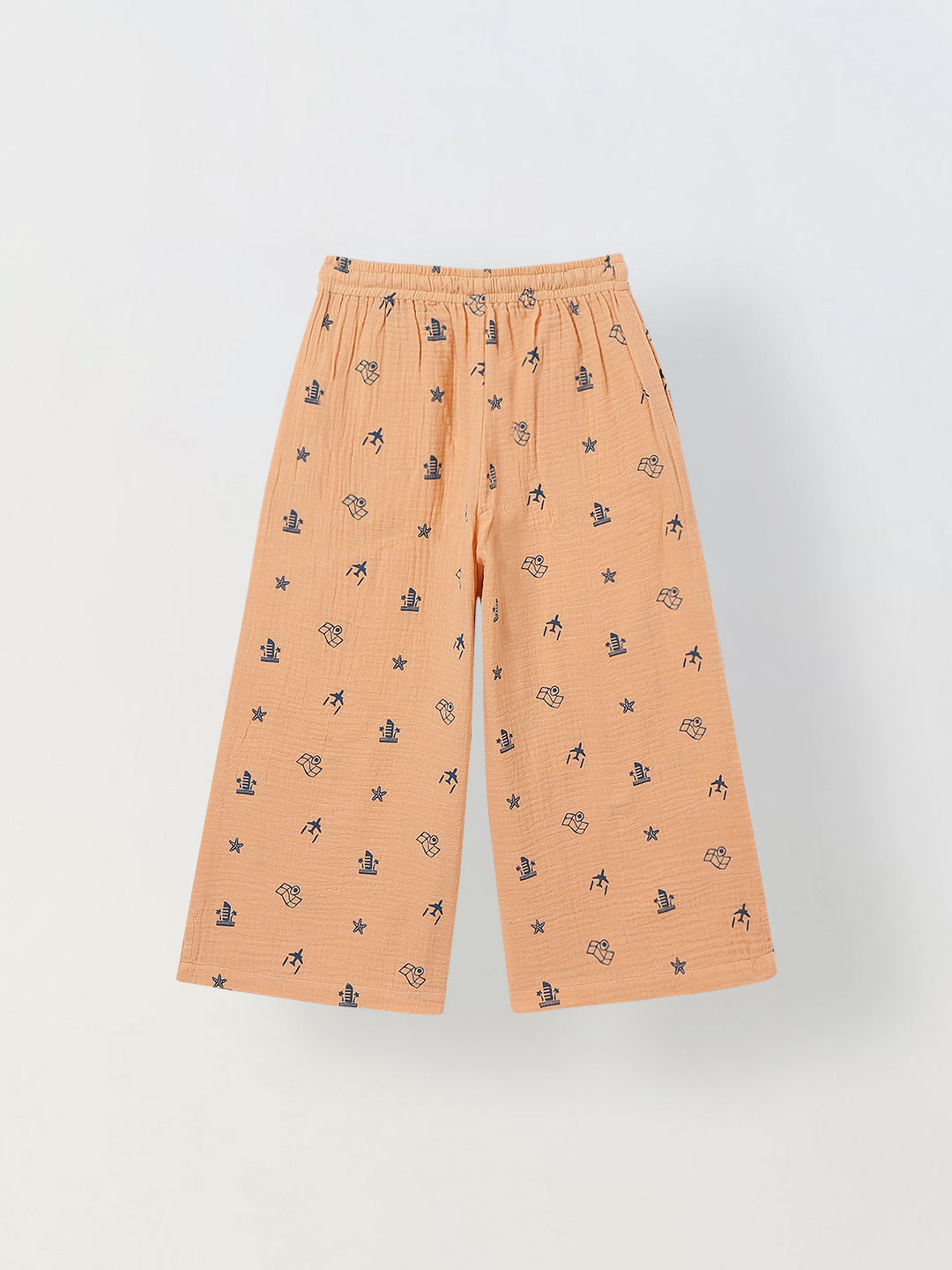 Spunkies Girls Peach Geometric Print Square Neck Sleeveless Top and Trousers Set