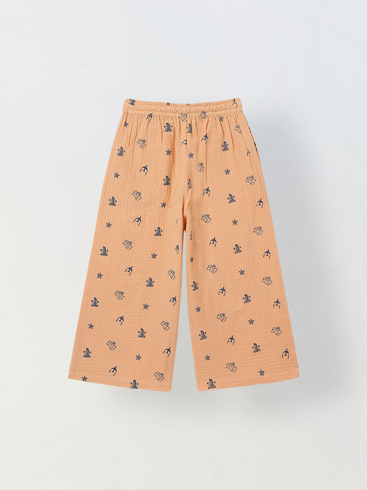 Spunkies Girls Peach Geometric Print Square Neck Sleeveless Top and Trousers Set