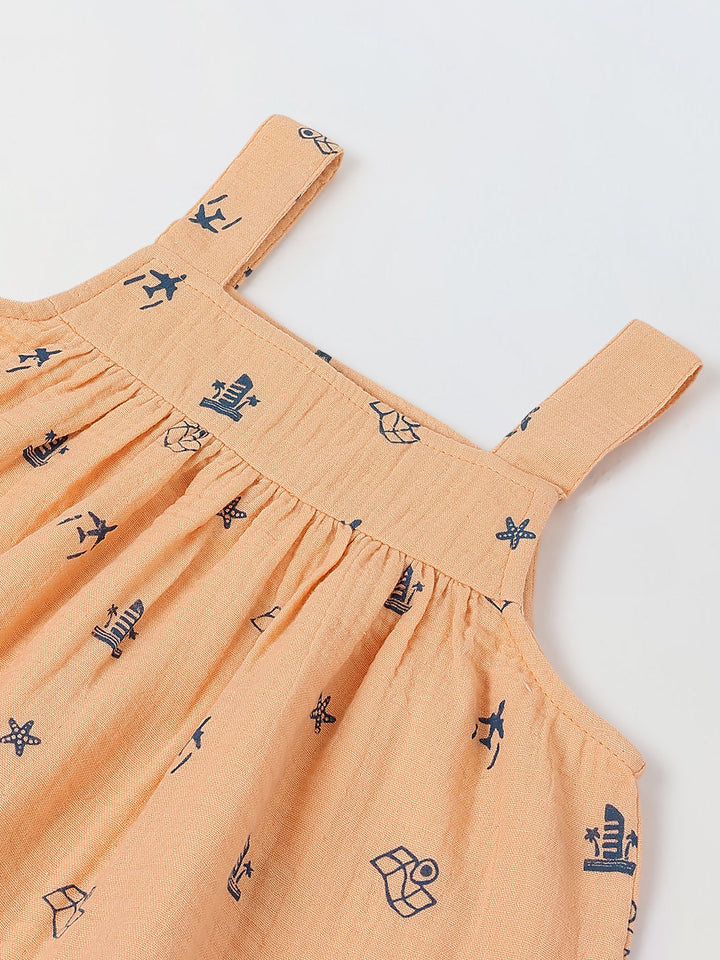 Spunkies Girls Peach Geometric Print Square Neck Sleeveless Top and Trousers Set