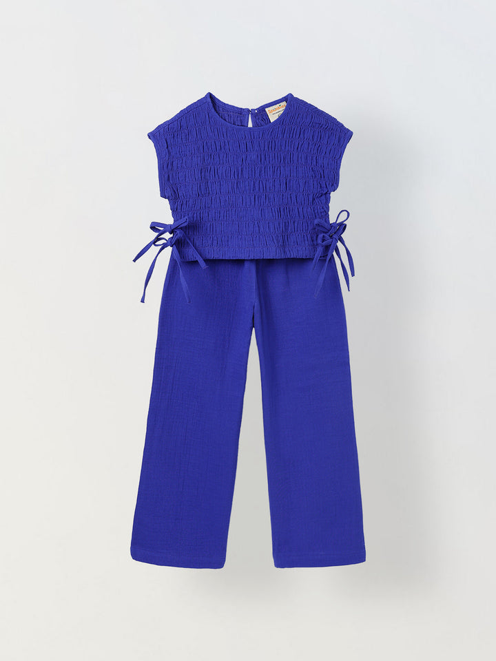 Spunkies Girls Blue Smocked Round Neck Sleeveless Top and Trousers Set