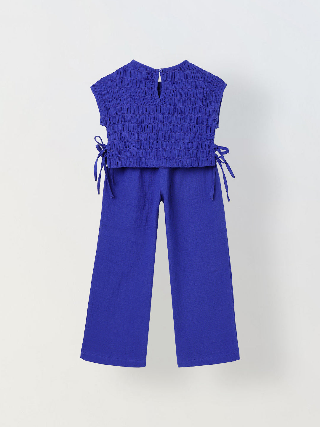 Spunkies Girls Blue Smocked Round Neck Sleeveless Top and Trousers Set