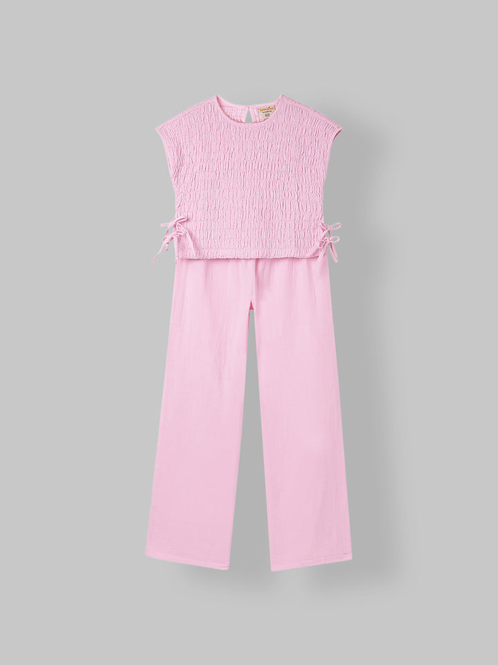 Spunkies Girls Pink Smocked Round Neck Sleeveless Top and Trousers Set