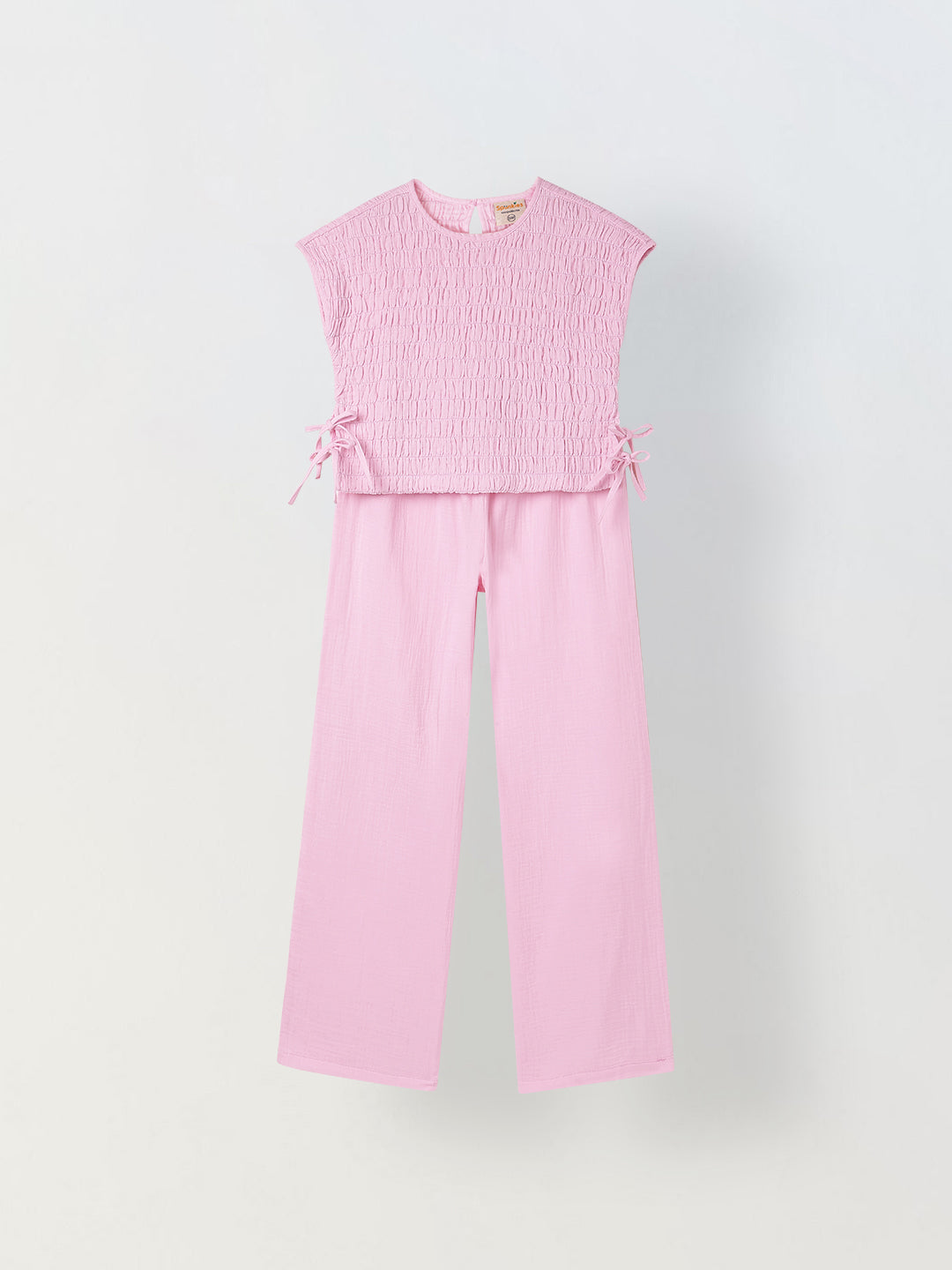 Spunkies Girls Pink Smocked Round Neck Sleeveless Top and Trousers Set