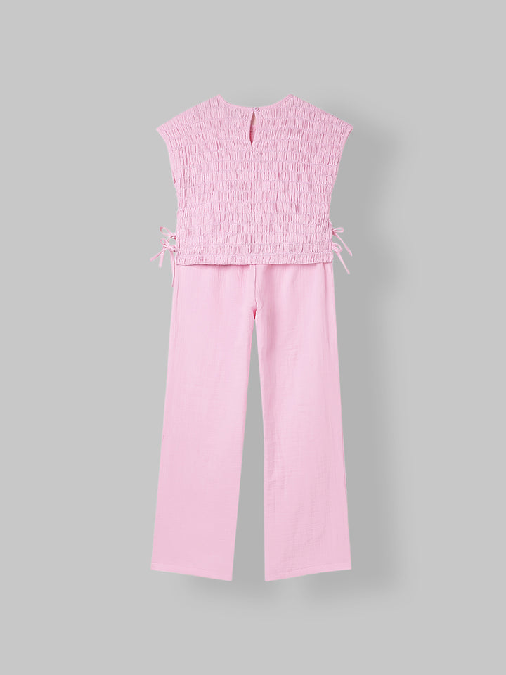 Spunkies Girls Pink Smocked Round Neck Sleeveless Top and Trousers Set