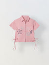 Spunkies Pink Girls Embroidered Spread Collar Short Sleeves Side Tie Shirt