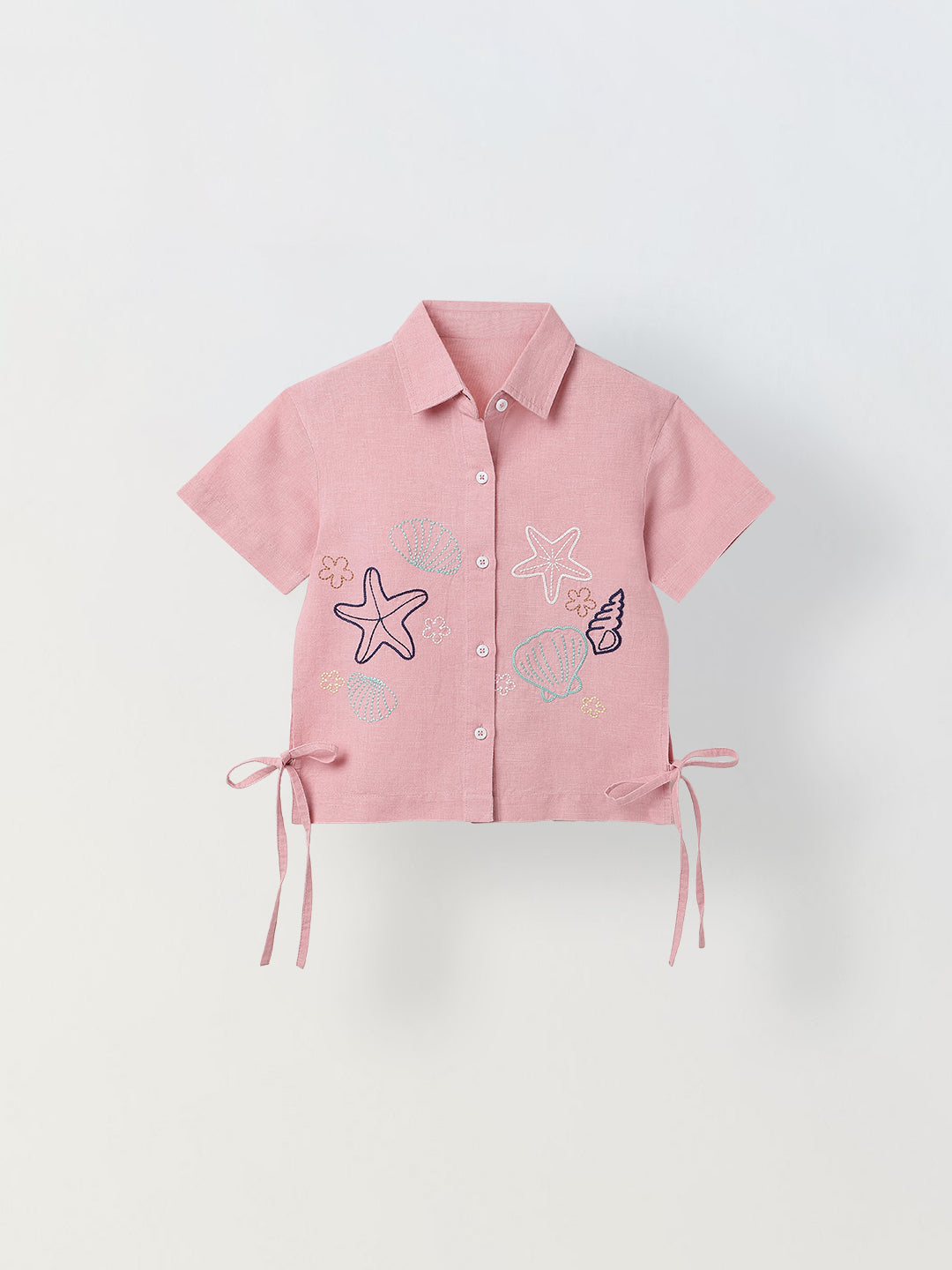 Spunkies Pink Girls Embroidered Spread Collar Short Sleeves Side Tie Shirt