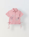 Spunkies Pink Girls Embroidered Spread Collar Short Sleeves Side Tie Shirt