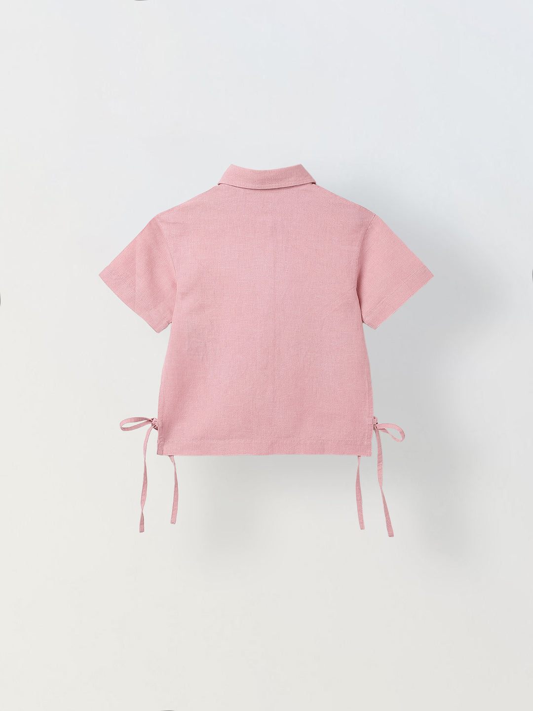 Spunkies Pink Girls Embroidered Spread Collar Short Sleeves Side Tie Shirt