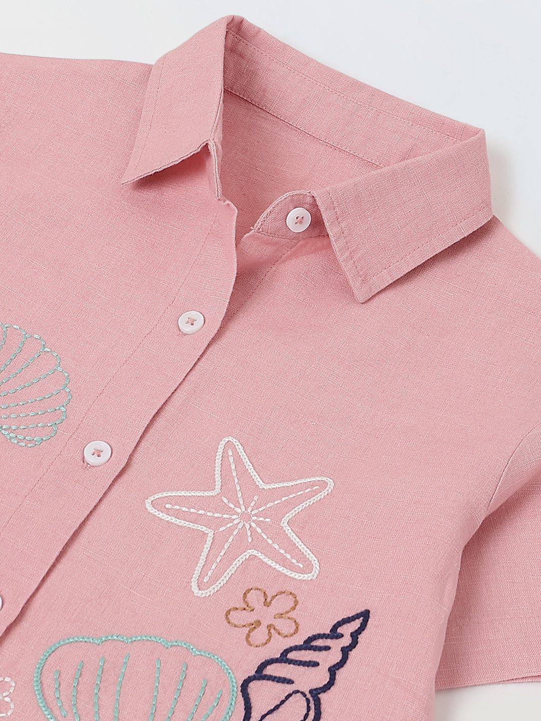 Spunkies Pink Girls Embroidered Spread Collar Short Sleeves Side Tie Shirt