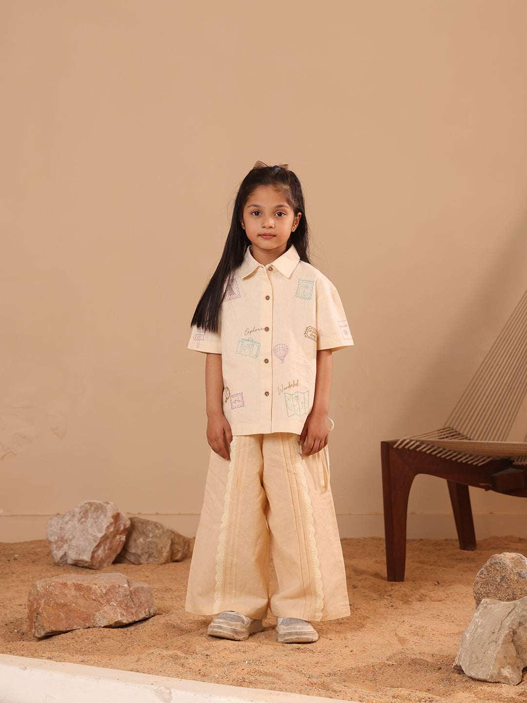 Spunkies Beige Girls Embroidered Spread Collar Short Sleeves Side Tie Shirt