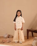 Spunkies Beige Girls Embroidered Spread Collar Short Sleeves Side Tie Shirt
