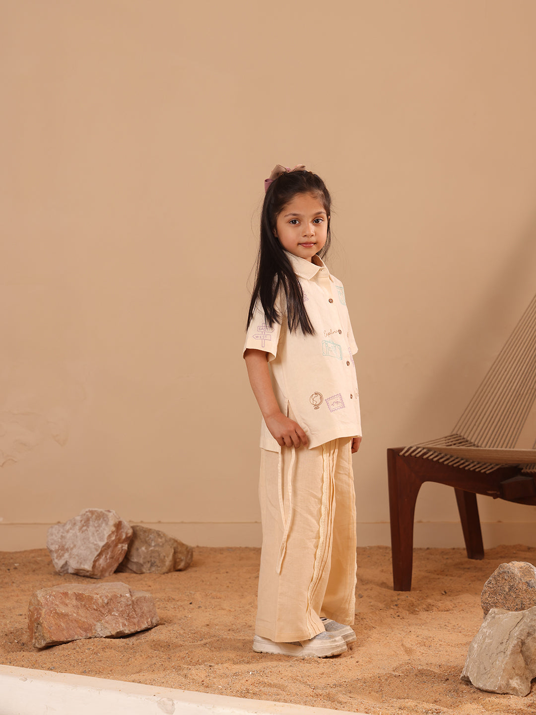 Spunkies Beige Girls Embroidered Spread Collar Short Sleeves Side Tie Shirt