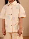 Spunkies Beige Girls Embroidered Spread Collar Short Sleeves Side Tie Shirt