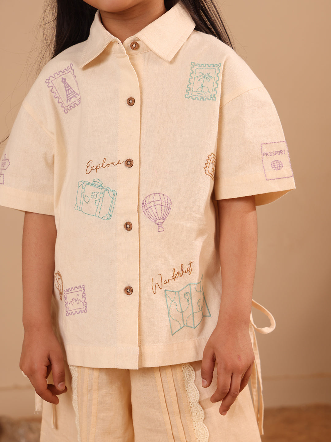 Spunkies Beige Girls Embroidered Spread Collar Short Sleeves Side Tie Shirt