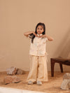 Spunkies Beige Girls Embroidered Spread Collar Short Sleeves Side Tie Shirt