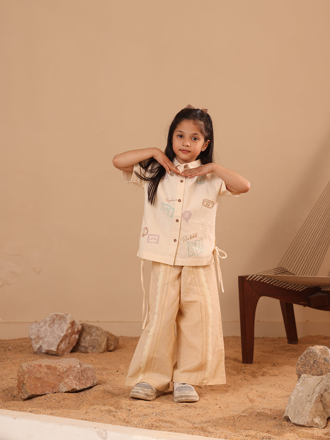 Spunkies Beige Girls Embroidered Spread Collar Short Sleeves Side Tie Shirt