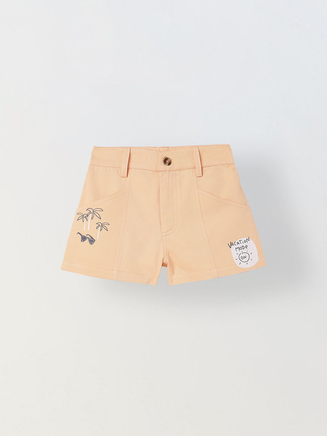 Spunkies Girls Peach Graphic Print Button and Zip Shorts