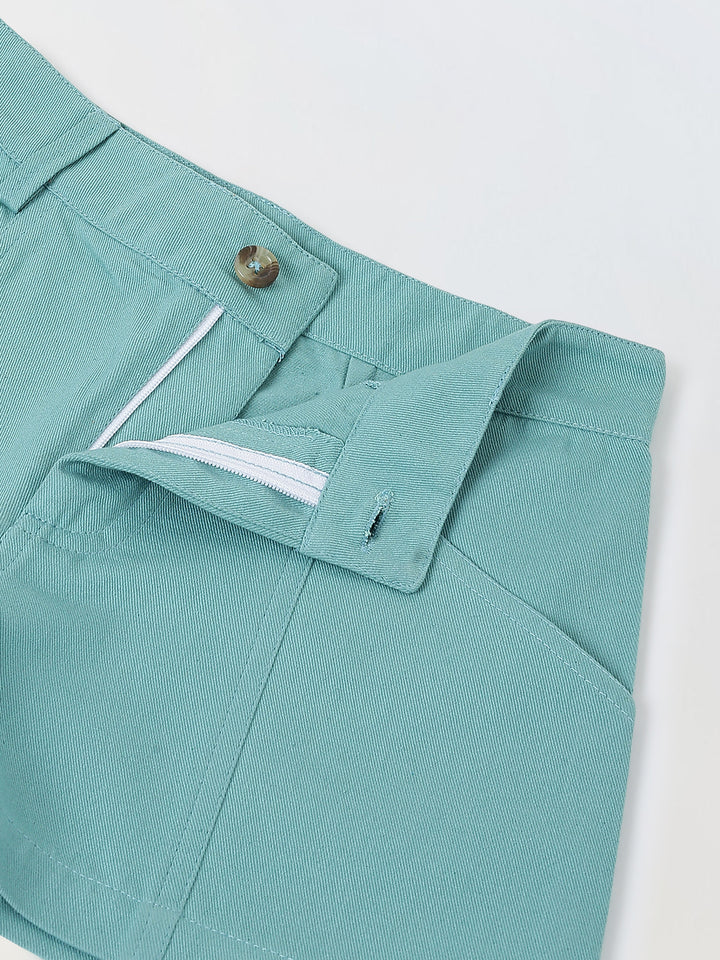 Spunkies Girls Green Solid Button and Zip Shorts