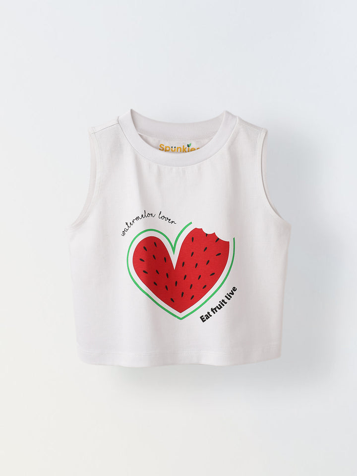 White Watermelon Print  Sleeveless Crop Top – Girls