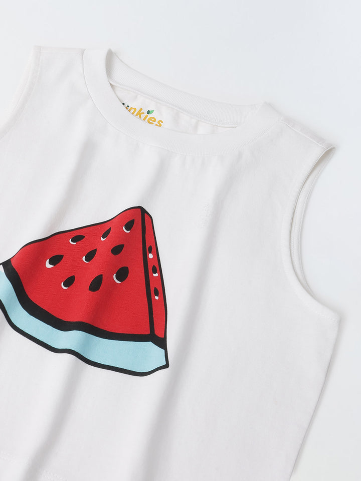 White Watermelon Print Sleeveless Crop Top – Girls