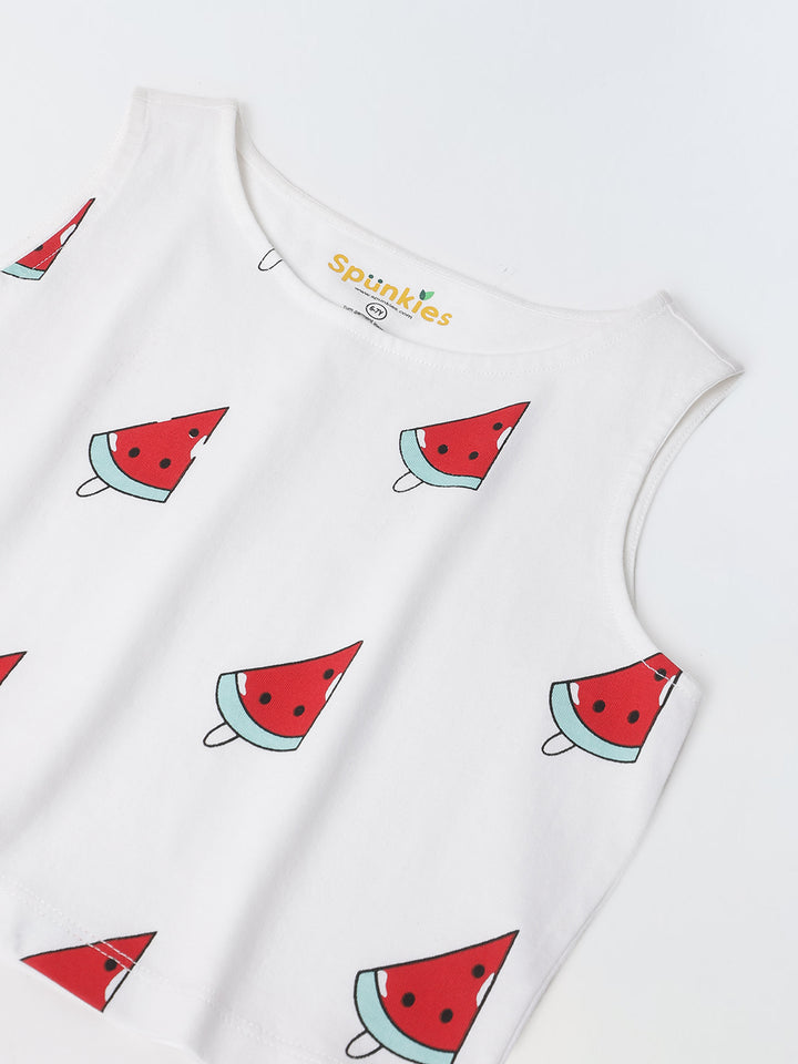 White Watermelon Print Sleeveless Crop Top – Girls