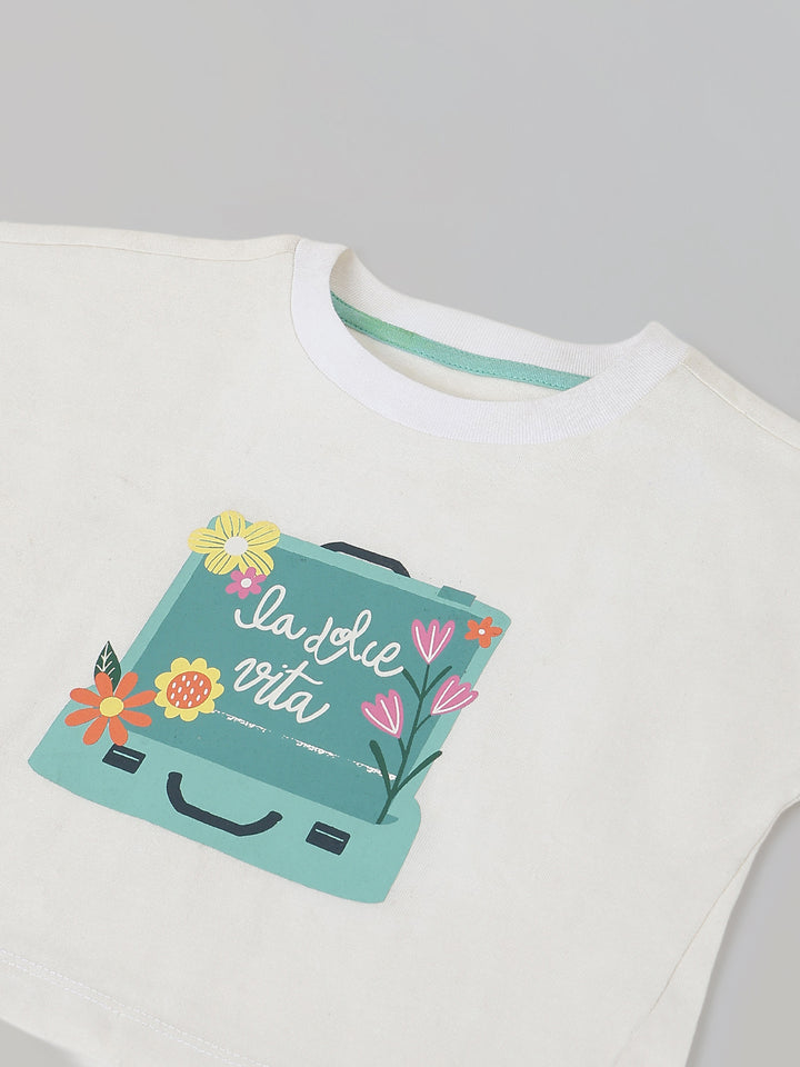 Spunkies White Girls Graphic Print Round Neck Cap Sleeves Top