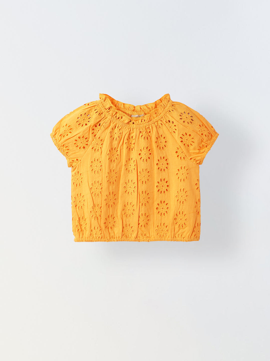 Girls Orange Round Neck Schiffli Top