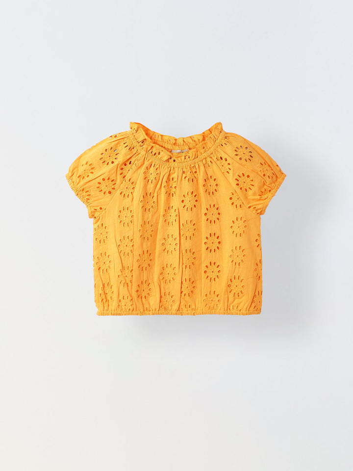 Girls Orange Round Neck Schiffli Top