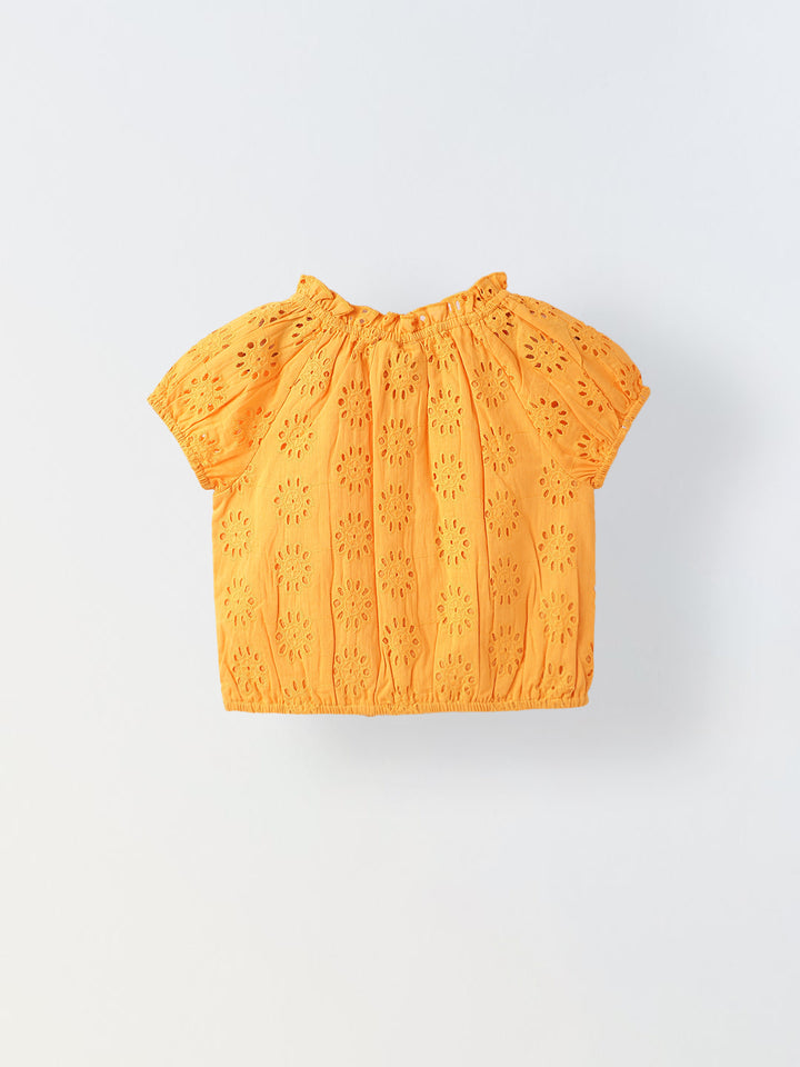 Girls Orange Round Neck Schiffli Top