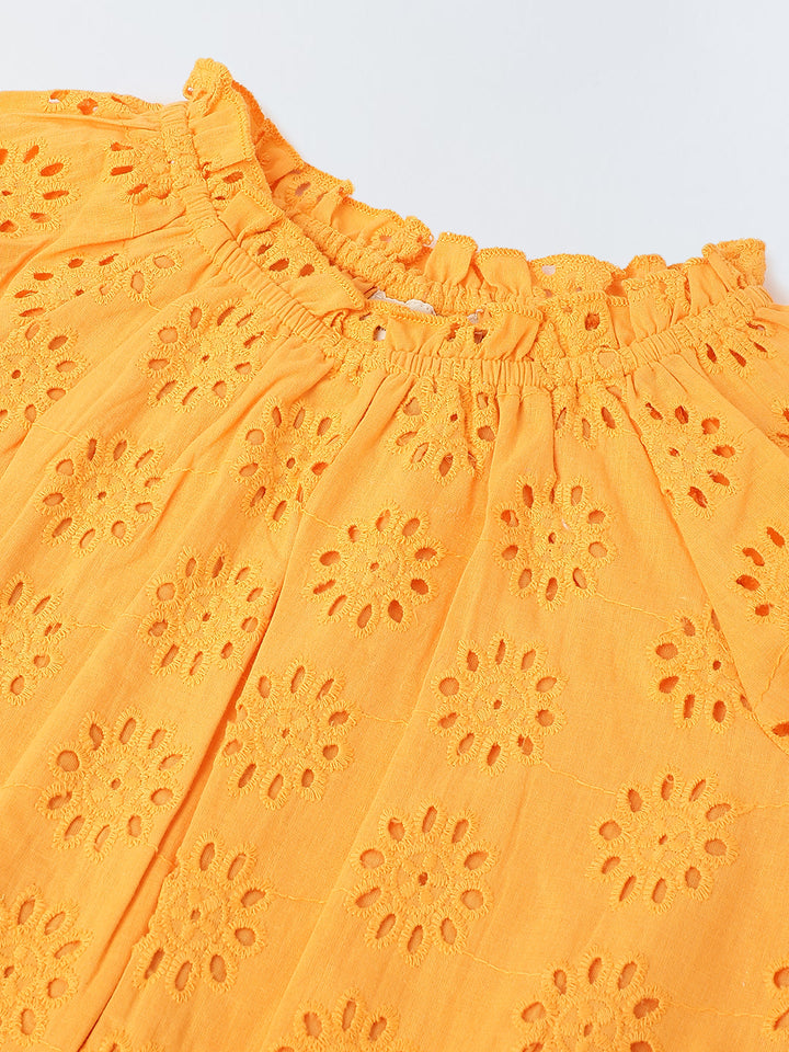 Girls Orange Round Neck Schiffli Top