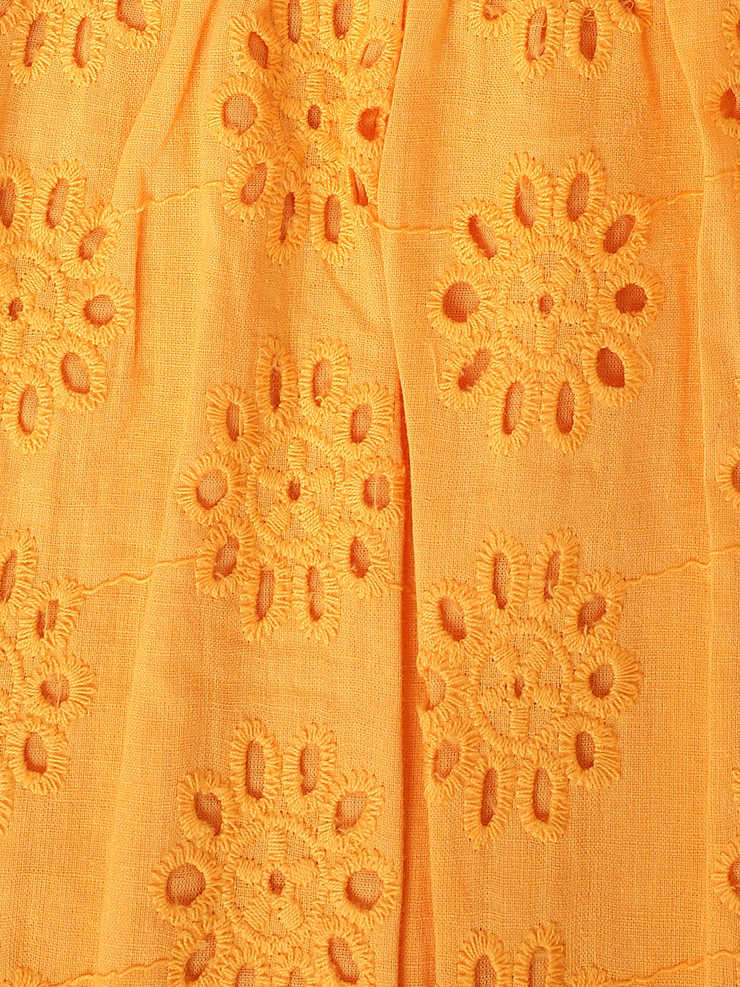 Girls Orange Round Neck Schiffli Top