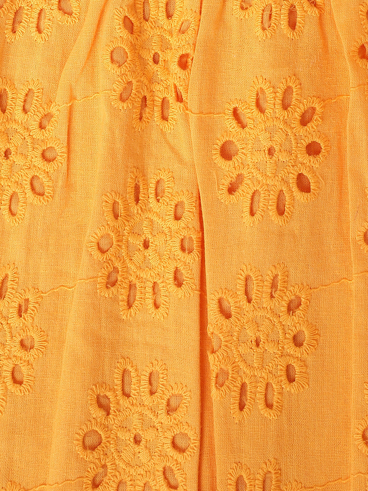Girls Orange Round Neck Schiffli Top