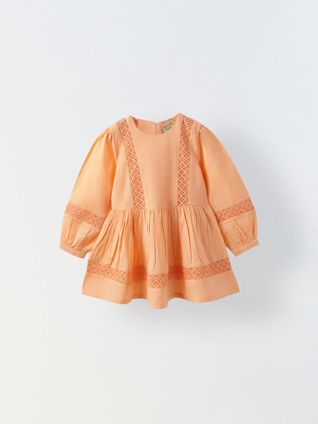 Girls Peach Cotton Lace Round Neck Dress