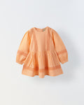 Girls Peach Cotton Lace Round Neck Dress
