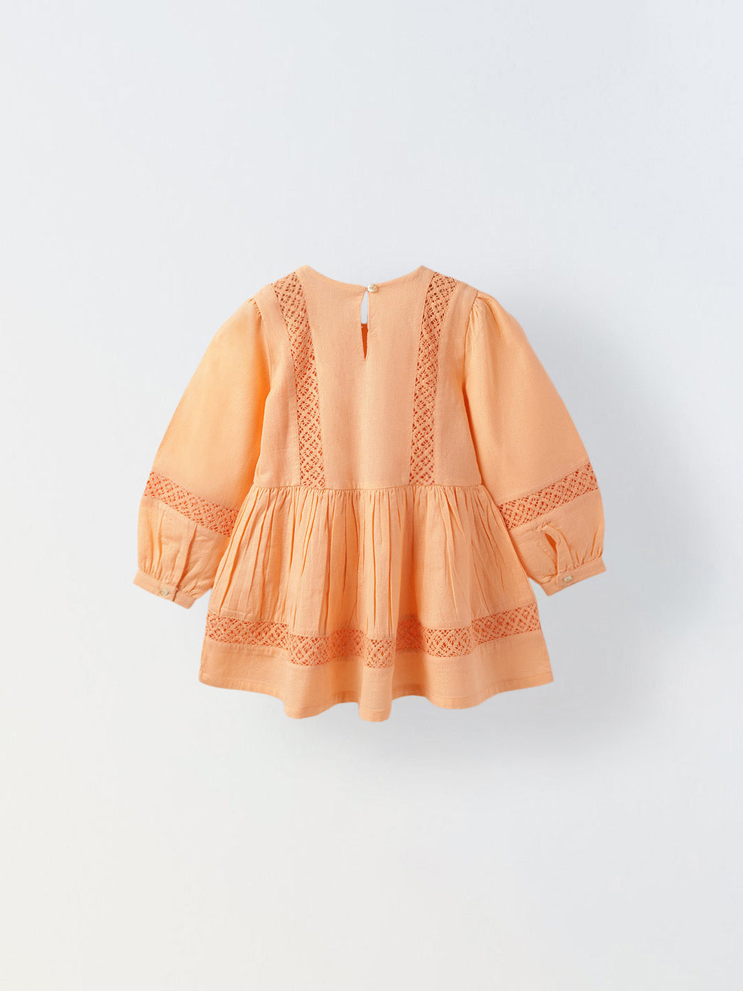 Girls Peach Cotton Lace Round Neck Dress