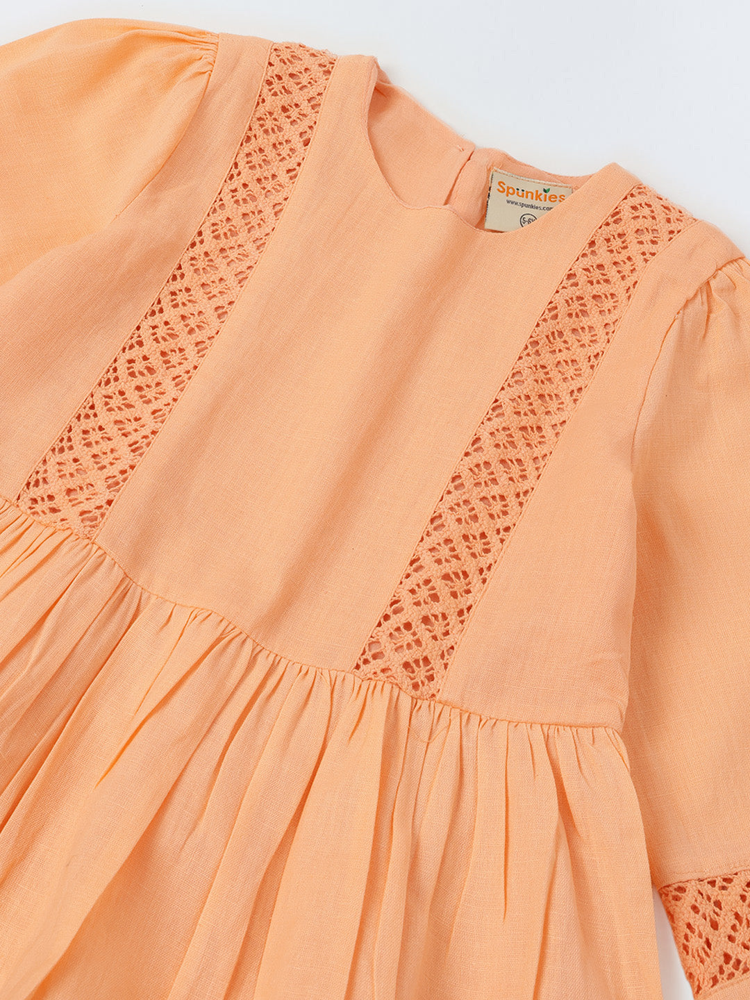 Girls Peach Cotton Lace Round Neck Dress