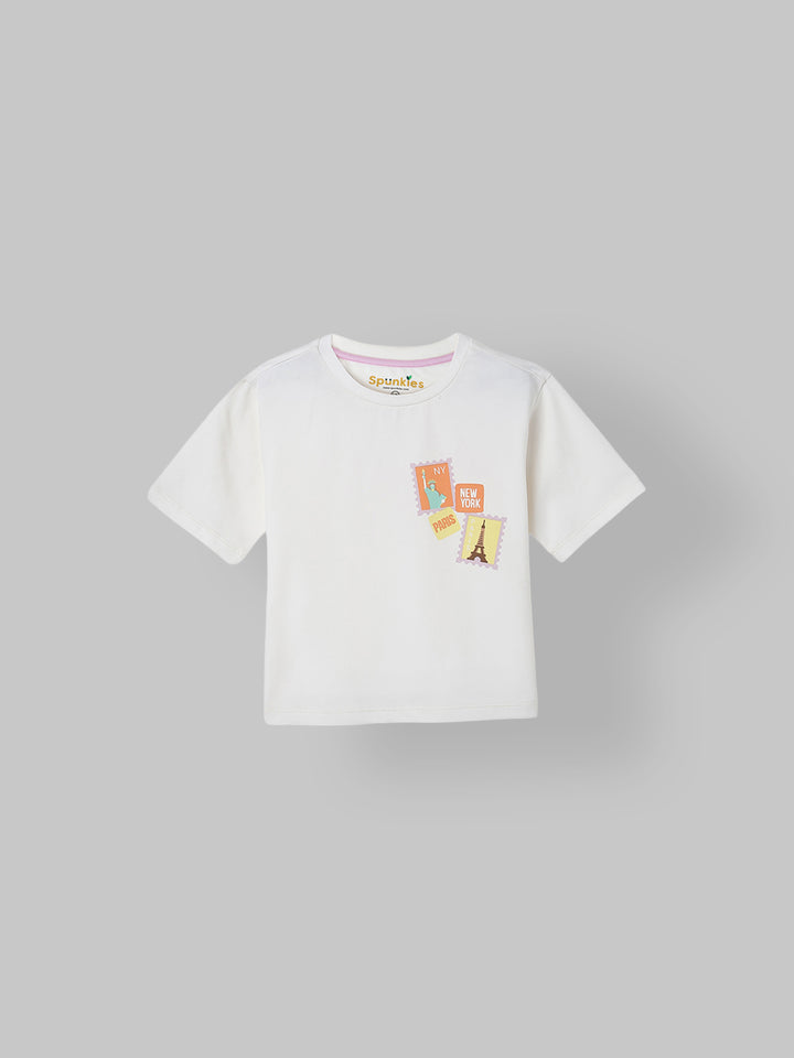 Spunkies White Girls Graphic Print Round Neck Short Sleeves Top