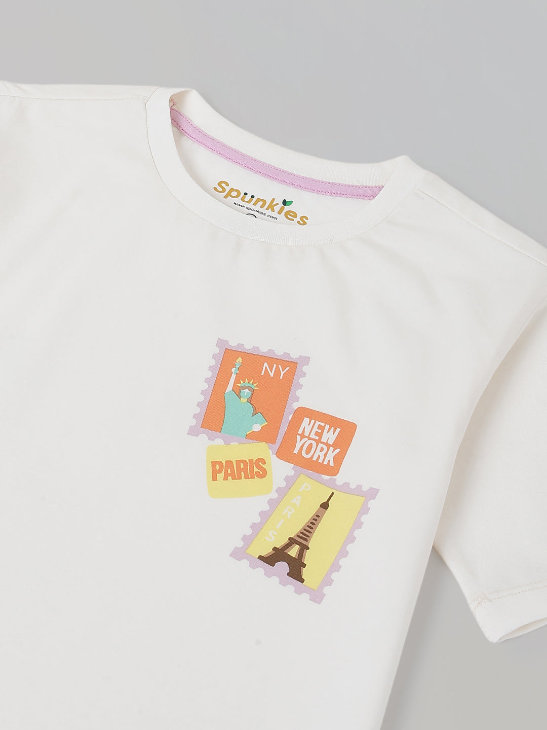 Spunkies White Girls Graphic Print Round Neck Short Sleeves Top