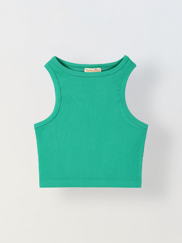 Spunkies Green Girls Solid Round Neck Sleeveless Tank Top