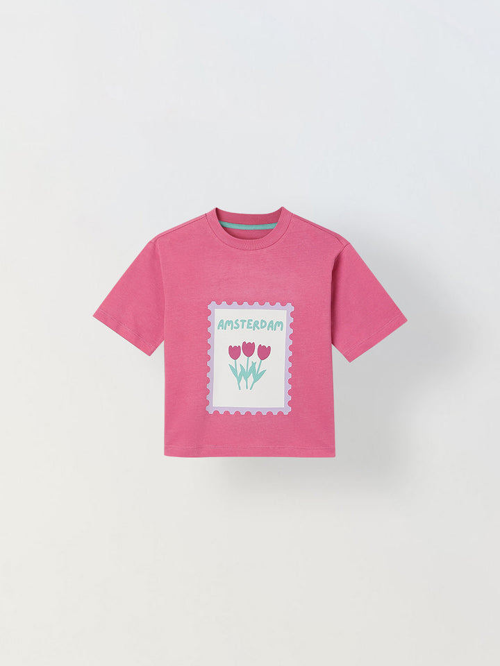 Spunkies Pink Girls Graphic Print Crew Neck Short Sleeves Top