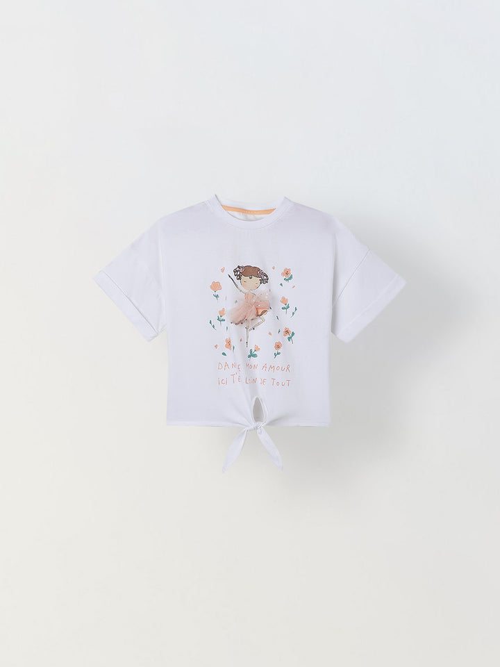 Spunkies White Girls Graphic Print Crew Neck Short Sleeves Knot Detailed Top